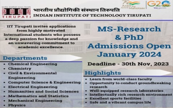 Indian Institute of Technology (IIT) Tirupati invites application for MS (Research) & PhD from Nepali Students